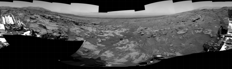 NASA's Mars rover Curiosity took 35 images in Gale Crater using its mast-mounted Right Navigation Camera (Navcam) to create this mosaic. The seam-corrected mosaic provides a 360-degree cylindrical projection panorama of the Martian surface centered at 326 degrees azimuth (measured clockwise from north). Curiosity took the images on March 11, 2022, Sols 3410-3406 of the Mars Science Laboratory mission at drive 2662, site number 93. The local mean solar time for the image exposures was from 11 AM to 12 PM. Each Navcam image has a 45 degree field of view. CREDIT: NASA/JPL-Caltech