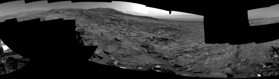 NASA's Mars rover Curiosity took 20 images in Gale Crater using its mast-mounted Right Navigation Camera (Navcam) to create this mosaic. The seam-corrected mosaic provides a 360-degree cylindrical projection panorama of the Martian surface centered at 242 degrees azimuth (measured clockwise from north). Curiosity took the images on March 16, 2022, Sol 3415 of the Mars Science Laboratory mission at drive 3078, site number 93. The local mean solar time for the image exposures was 2 PM. Each Navcam image has a 45 degree field of view. CREDIT: NASA/JPL-Caltech