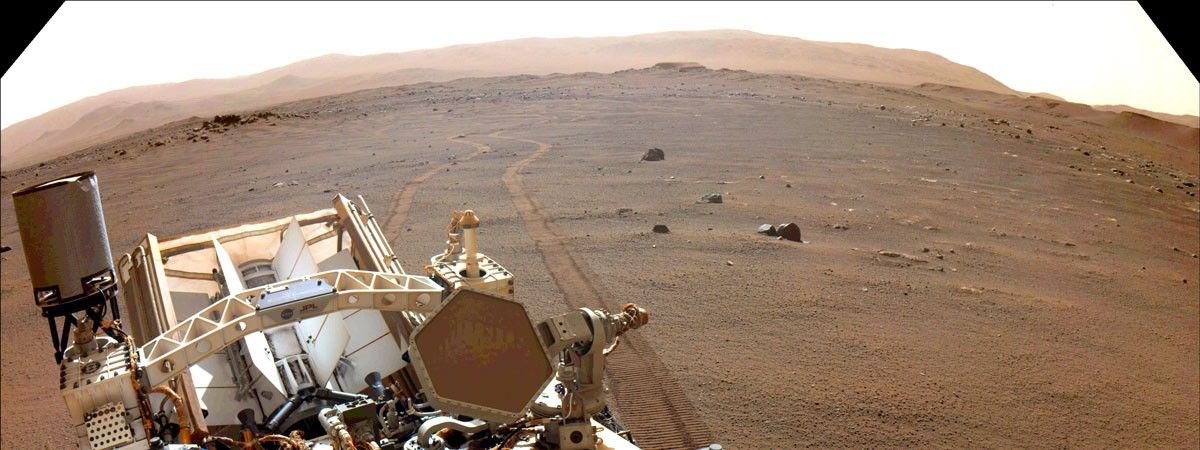 NASA’s Perseverance Mars rover looks back at its wheel tracks on March 17, 2022, the 381st Martian day, or sol, of the mission.