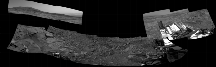 NASA's Mars rover Curiosity took 12 images in Gale Crater using its mast-mounted Right Navigation Camera (Navcam) to create this mosaic. The seam-corrected mosaic provides a 340-degree cylindrical projection panorama of the Martian surface centered at 325 degrees azimuth (measured clockwise from north). Curiosity took the images on March 25, 2022, Sol 3424 of the Mars Science Laboratory mission at drive 0, site number 94. The local mean solar time for the image exposures was 1 PM. Each Navcam image has a 45 degree field of view. CREDIT: NASA/JPL-Caltech