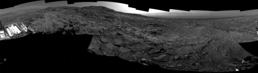 NASA's Mars rover Curiosity took 19 images in Gale Crater using its mast-mounted Right Navigation Camera (Navcam) to create this mosaic. The seam-corrected mosaic provides a 360-degree cylindrical projection panorama of the Martian surface centered at 240 degrees azimuth (measured clockwise from north). Curiosity took the images on April 06, 2022, Sol 3435 of the Mars Science Laboratory mission at drive 186, site number 94. The local mean solar time for the image exposures was from 2 PM to 3 PM. Each Navcam image has a 45 degree field of view. CREDIT: NASA/JPL-Caltech