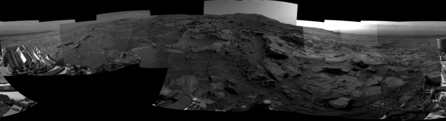 NASA's Mars rover Curiosity took 21 images in Gale Crater using its mast-mounted Right Navigation Camera (Navcam) to create this mosaic. The seam-corrected mosaic provides a 360-degree cylindrical projection panorama of the Martian surface centered at 179 degrees azimuth (measured clockwise from north). Curiosity took the images on April 07, 2022, Sol 3436 of the Mars Science Laboratory mission at drive 556, site number 94. The local mean solar time for the image exposures was from 2 PM to 4 PM. Each Navcam image has a 45 degree field of view. CREDIT: NASA/JPL-Caltech