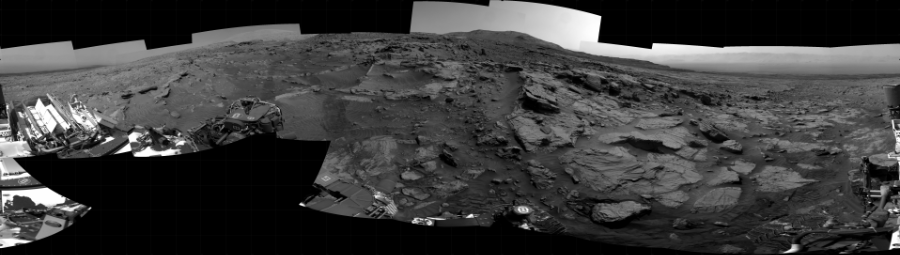 NASA's Mars rover Curiosity took 21 images in Gale Crater using its mast-mounted Right Navigation Camera (Navcam) to create this mosaic. The seam-corrected mosaic provides a 360-degree cylindrical projection panorama of the Martian surface centered at 180 degrees azimuth (measured clockwise from north). Curiosity took the images on April 08, 2022, Sol 3437 of the Mars Science Laboratory mission at drive 574, site number 94. The local mean solar time for the image exposures was from 1 PM to 2 PM. Each Navcam image has a 45 degree field of view. CREDIT: NASA/JPL-Caltech