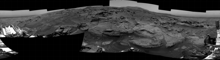 NASA's Mars rover Curiosity took 21 images in Gale Crater using its mast-mounted Right Navigation Camera (Navcam) to create this mosaic. The seam-corrected mosaic provides a 360-degree cylindrical projection panorama of the Martian surface centered at 162 degrees azimuth (measured clockwise from north). Curiosity took the images on April 11, 2022, Sol 3440 of the Mars Science Laboratory mission at drive 634, site number 94. The local mean solar time for the image exposures was 12 PM. Each Navcam image has a 45 degree field of view. CREDIT: NASA/JPL-Caltech