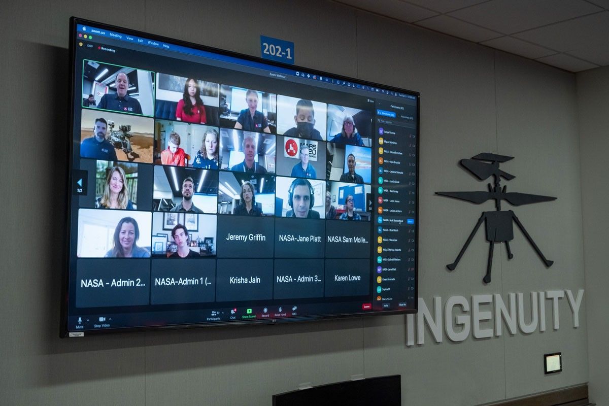 An April 5, 2022, virtual video event is seen on a monitor in the Mars Perseverance rover control room at NASA's Jet Propulsion Laboratory in Southern California.