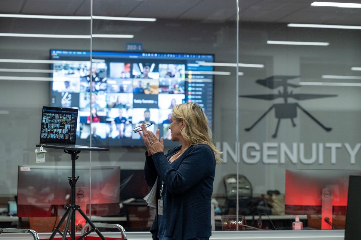Perseverance rover Project Manager, Jennifer Trosper, led team members in applause in a control room at NASA's Jet Propulsion Laboratory in Southern California on April 5, 2022.