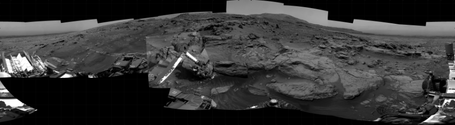 NASA's Mars rover Curiosity took 22 images in Gale Crater using its mast-mounted Right Navigation Camera (Navcam) to create this mosaic. The seam-corrected mosaic provides a 360-degree cylindrical projection panorama of the Martian surface centered at 162 degrees azimuth (measured clockwise from north). Curiosity took the images on April 13, 2022, Sols 3442-3440 of the Mars Science Laboratory mission at drive 634, site number 94. The local mean solar time for the image exposures was from 3 PM to 12 PM. Each Navcam image has a 45 degree field of view. CREDIT: NASA/JPL-Caltech