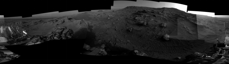 NASA's Mars rover Curiosity took 22 images in Gale Crater using its mast-mounted Right Navigation Camera (Navcam) to create this mosaic. The seam-corrected mosaic provides a 360-degree cylindrical projection panorama of the Martian surface centered at 115 degrees azimuth (measured clockwise from north). Curiosity took the images on April 18, 2022, Sol 3447 of the Mars Science Laboratory mission at drive 964, site number 94. The local mean solar time for the image exposures was 4 PM. Each Navcam image has a 45 degree field of view. CREDIT: NASA/JPL-Caltech