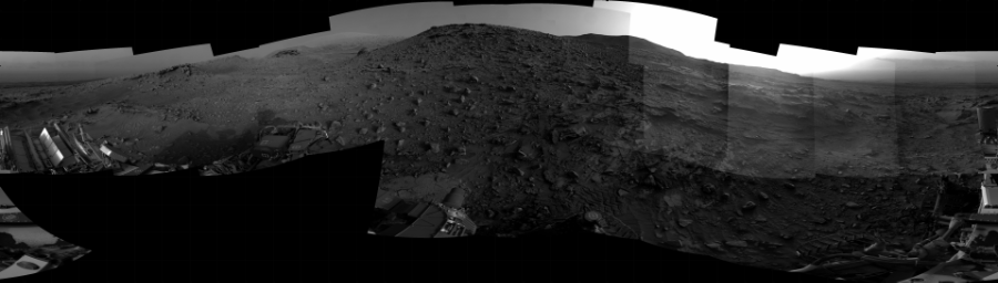 NASA's Mars rover Curiosity took 23 images in Gale Crater using its mast-mounted Right Navigation Camera (Navcam) to create this mosaic. The seam-corrected mosaic provides a 360-degree cylindrical projection panorama of the Martian surface centered at 162 degrees azimuth (measured clockwise from north). Curiosity took the images on April 20, 2022, Sol 3449 of the Mars Science Laboratory mission at drive 1102, site number 94. The local mean solar time for the image exposures was 4 PM. Each Navcam image has a 45 degree field of view. CREDIT: NASA/JPL-Caltech