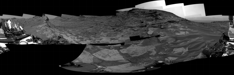 NASA's Mars rover Curiosity took 22 images in Gale Crater using its mast-mounted Right Navigation Camera (Navcam) to create this mosaic. The seam-corrected mosaic provides a 360-degree cylindrical projection panorama of the Martian surface centered at 168 degrees azimuth (measured clockwise from north). Curiosity took the images on April 27, 2022, Sol 3456 of the Mars Science Laboratory mission at drive 1578, site number 94. The local mean solar time for the image exposures was from 1 PM to 2 PM. Each Navcam image has a 45 degree field of view. CREDIT: NASA/JPL-Caltech