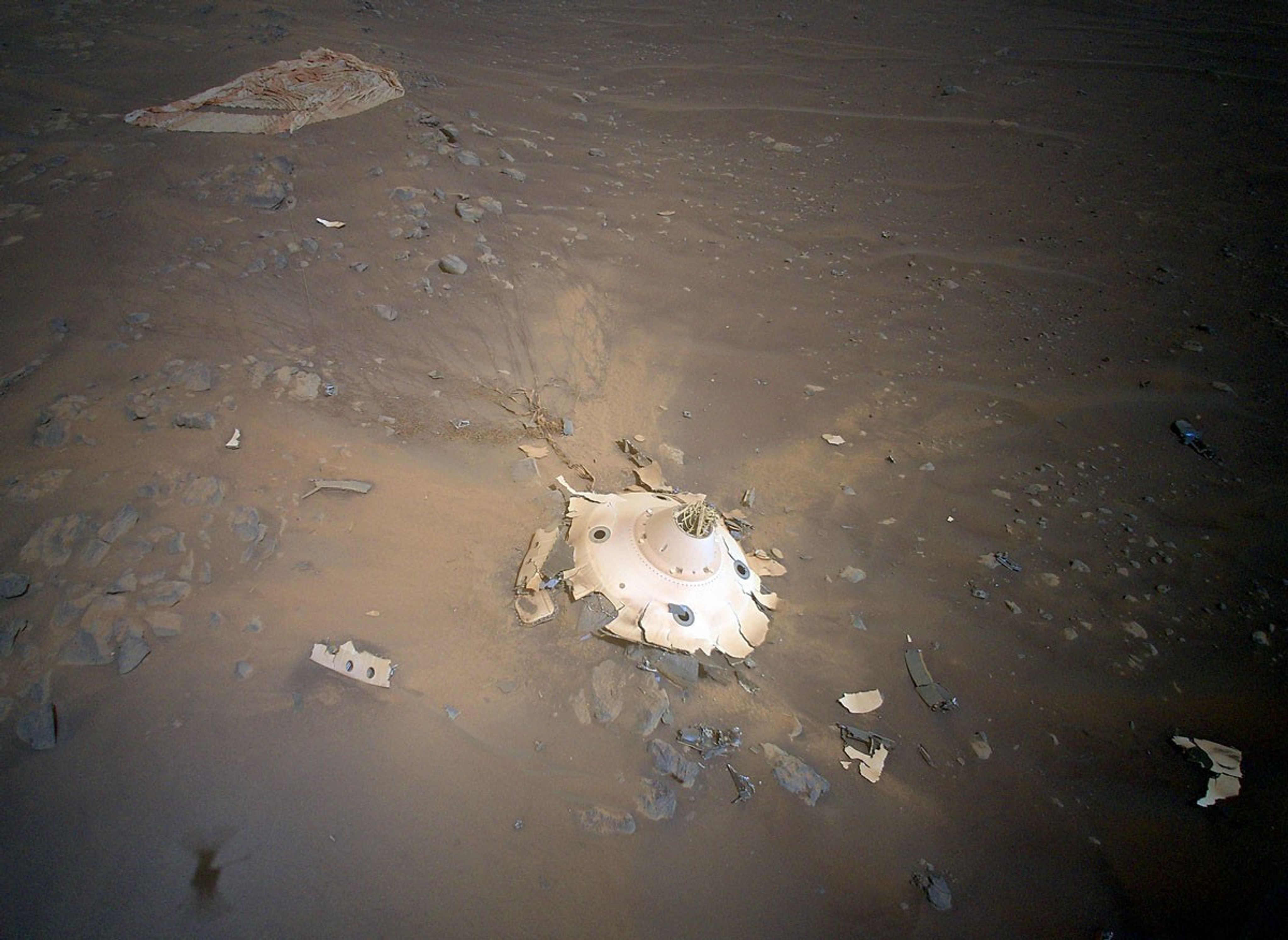 Debris Field From Perseverance Landing Gear Seen by Mars Helicopter