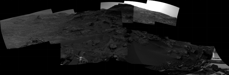 NASA's Mars rover Curiosity took 15 images in Gale Crater using its mast-mounted Right Navigation Camera (Navcam) to create this mosaic. The seam-corrected mosaic provides a 316-degree cylindrical projection panorama of the Martian surface centered at 212 degrees azimuth (measured clockwise from north). Curiosity took the images on April 29, 2022, Sol 3458 of the Mars Science Laboratory mission at drive 1854, site number 94. The local mean solar time for the image exposures was from 2 PM to 3 PM. Each Navcam image has a 45 degree field of view. CREDIT: NASA/JPL-Caltech