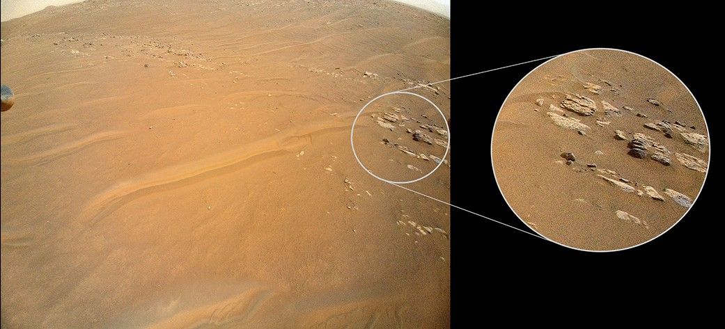 NASA’s Ingenuity Mars Helicopter scouted this ridgeline near the ancient river delta in Jezero Crater because it is of interest to Perseverance rover scientists. Enlarged at right is a close-up of one of the ridgeline’s rocky outcrops. The image was captured on April 23, during the rotorcraft’s 27th flight.