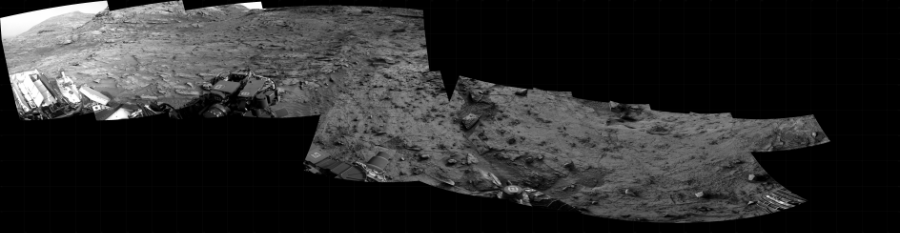NASA's Mars rover Curiosity took 10 images in Gale Crater using its mast-mounted Right Navigation Camera (Navcam) to create this mosaic. The seam-corrected mosaic provides a 355-degree cylindrical projection panorama of the Martian surface centered at 228 degrees azimuth (measured clockwise from north). Curiosity took the images on May 03, 2022, Sol 3462 of the Mars Science Laboratory mission at drive 2636, site number 94. The local mean solar time for the image exposures was 4 PM. Each Navcam image has a 45 degree field of view. CREDIT: NASA/JPL-Caltech