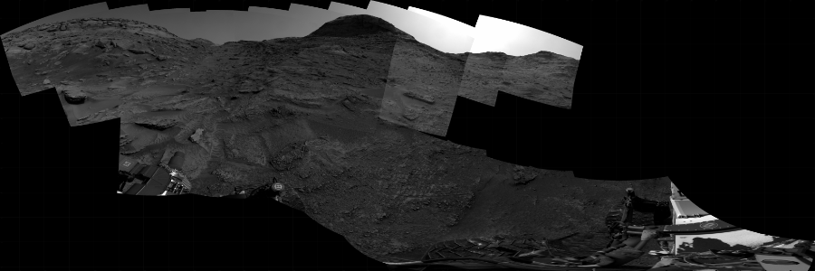 NASA's Mars rover Curiosity took 19 images in Gale Crater using its mast-mounted Right Navigation Camera (Navcam) to create this mosaic. The seam-corrected mosaic provides a 328-degree cylindrical projection panorama of the Martian surface centered at 226 degrees azimuth (measured clockwise from north). Curiosity took the images on May 04, 2022, Sol 3463 of the Mars Science Laboratory mission at drive 3086, site number 94. The local mean solar time for the image exposures was 2 PM. Each Navcam image has a 45 degree field of view. CREDIT: NASA/JPL-Caltech