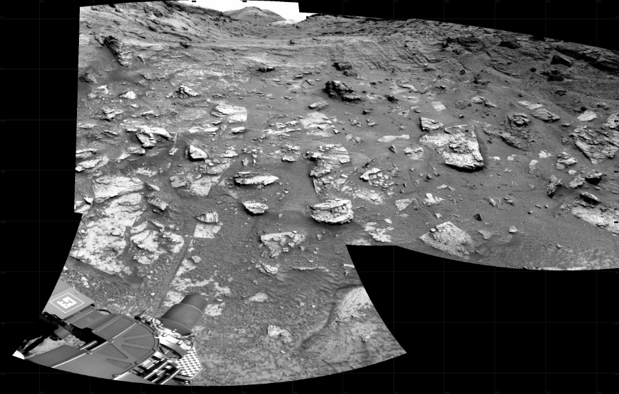 NASA's Mars rover Curiosity took 4 images in Gale Crater using its mast-mounted Right Navigation Camera (Navcam) to create this mosaic. The seam-corrected mosaic provides a 122-degree cylindrical projection panorama of the Martian surface centered at 153 degrees azimuth (measured clockwise from north). Curiosity took the images on May 06, 2022, Sol 3465 of the Mars Science Laboratory mission at drive 3386, site number 94. The local mean solar time for the image exposures was 1 PM. Each Navcam image has a 45 degree field of view. CREDIT: NASA/JPL-Caltech