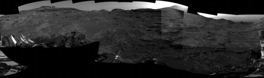 NASA's Mars rover Curiosity took 26 images in Gale Crater using its mast-mounted Right Navigation Camera (Navcam) to create this mosaic. The seam-corrected mosaic provides a 360-degree cylindrical projection panorama of the Martian surface centered at 179 degrees azimuth (measured clockwise from north). Curiosity took the images on May 11, 2022, Sol 3469 of the Mars Science Laboratory mission at drive 370, site number 95. The local mean solar time for the image exposures was 4 PM. Each Navcam image has a 45 degree field of view. CREDIT: NASA/JPL-Caltech