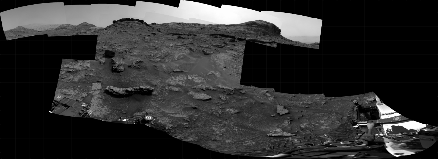 NASA's Mars rover Curiosity took 17 images in Gale Crater using its mast-mounted Right Navigation Camera (Navcam) to create this mosaic. The seam-corrected mosaic provides a 314-degree cylindrical projection panorama of the Martian surface centered at 236 degrees azimuth (measured clockwise from north). Curiosity took the images on May 14, 2022, Sol 3472 of the Mars Science Laboratory mission at drive 638, site number 95. The local mean solar time for the image exposures was 1 PM. Each Navcam image has a 45 degree field of view. CREDIT: NASA/JPL-Caltech