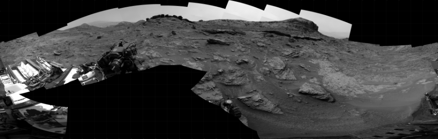 NASA's Mars rover Curiosity took 24 images in Gale Crater using its mast-mounted Right Navigation Camera (Navcam) to create this mosaic. The seam-corrected mosaic provides a 360-degree cylindrical projection panorama of the Martian surface centered at 203 degrees azimuth (measured clockwise from north). Curiosity took the images on May 16, 2022, Sol 3474 of the Mars Science Laboratory mission at drive 732, site number 95. The local mean solar time for the image exposures was from 1 PM to 12 PM. Each Navcam image has a 45 degree field of view. CREDIT: NASA/JPL-Caltech
