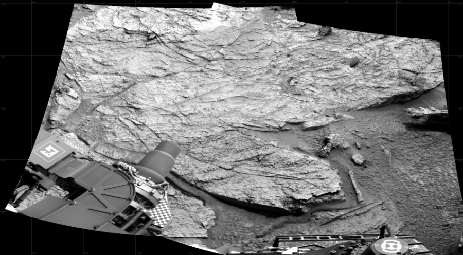 NASA's Mars rover Curiosity took 2 images in Gale Crater using its mast-mounted Right Navigation Camera (Navcam) to create this mosaic. The seam-corrected mosaic provides a 89-degree cylindrical projection panorama of the Martian surface centered at 198 degrees azimuth (measured clockwise from north). Curiosity took the images on May 18, 2022, Sol 3476 of the Mars Science Laboratory mission at drive 930, site number 95. The local mean solar time for the image exposures was 2 PM. Each Navcam image has a 45 degree field of view. CREDIT: NASA/JPL-Caltech