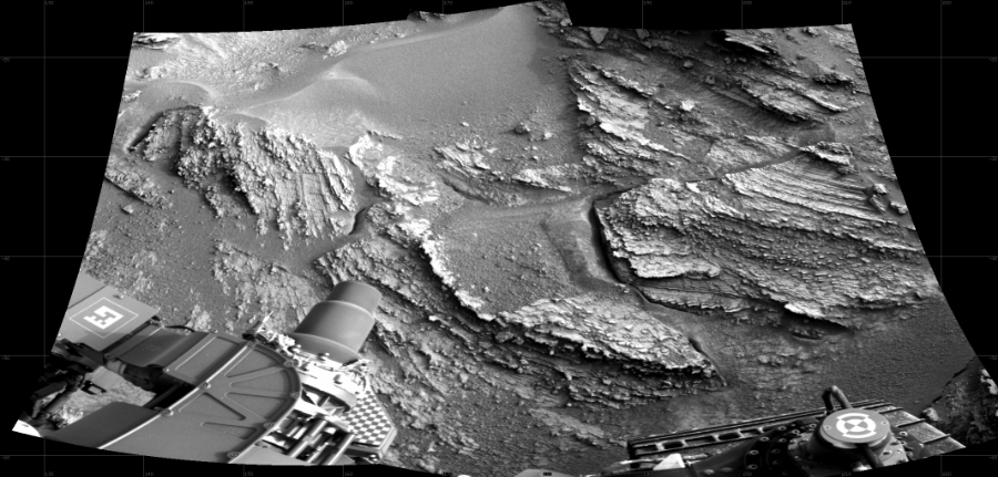 NASA's Mars rover Curiosity took 2 images in Gale Crater using its mast-mounted Right Navigation Camera (Navcam) to create this mosaic. The seam-corrected mosaic provides a 100-degree cylindrical projection panorama of the Martian surface centered at 176 degrees azimuth (measured clockwise from north). Curiosity took the images on May 20, 2022, Sol 3478 of the Mars Science Laboratory mission at drive 1170, site number 95. The local mean solar time for the image exposures was 4 PM. Each Navcam image has a 45 degree field of view. CREDIT: NASA/JPL-Caltech