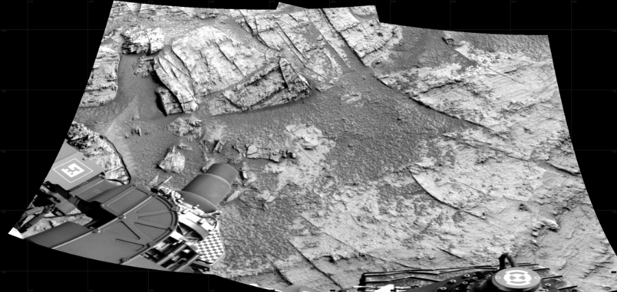 NASA's Mars rover Curiosity took 2 images in Gale Crater using its mast-mounted Right Navigation Camera (Navcam) to create this mosaic. The seam-corrected mosaic provides a 102-degree cylindrical projection panorama of the Martian surface centered at 177 degrees azimuth (measured clockwise from north). Curiosity took the images on May 23, 2022, Sol 3481 of the Mars Science Laboratory mission at drive 1408, site number 95. The local mean solar time for the image exposures was 3 PM. Each Navcam image has a 45 degree field of view. CREDIT: NASA/JPL-Caltech