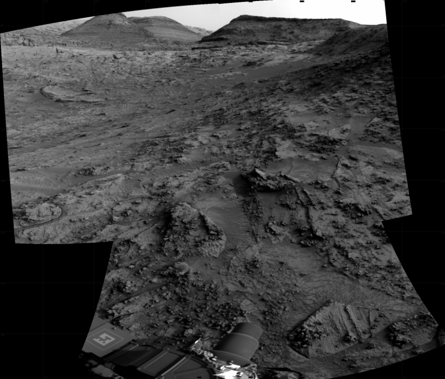 NASA's Mars rover Curiosity took 3 images in Gale Crater using its mast-mounted Right Navigation Camera (Navcam) to create this mosaic. The seam-corrected mosaic provides a 87-degree cylindrical projection panorama of the Martian surface centered at 155 degrees azimuth (measured clockwise from north). Curiosity took the images on May 25, 2022, Sol 3483 of the Mars Science Laboratory mission at drive 1670, site number 95. The local mean solar time for the image exposures was 4 PM. Each Navcam image has a 45 degree field of view. CREDIT: NASA/JPL-Caltech