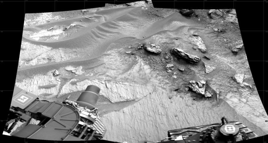 NASA's Mars rover Curiosity took 2 images in Gale Crater using its mast-mounted Right Navigation Camera (Navcam) to create this mosaic. The seam-corrected mosaic provides a 90-degree cylindrical projection panorama of the Martian surface centered at 197 degrees azimuth (measured clockwise from north). Curiosity took the images on May 27, 2022, Sol 3485 of the Mars Science Laboratory mission at drive 2054, site number 95. The local mean solar time for the image exposures was 2 PM. Each Navcam image has a 45 degree field of view. CREDIT: NASA/JPL-Caltech