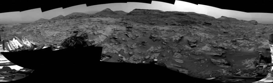 NASA's Mars rover Curiosity took 31 images in Gale Crater using its mast-mounted Right Navigation Camera (Navcam) to create this mosaic. The seam-corrected mosaic provides a 360-degree cylindrical projection panorama of the Martian surface centered at 163 degrees azimuth (measured clockwise from north). Curiosity took the images on June 06, 2022, Sol 3495 of the Mars Science Laboratory mission at drive 2934, site number 95. The local mean solar time for the image exposures was 1 PM. Each Navcam image has a 45 degree field of view. CREDIT: NASA/JPL-Caltech