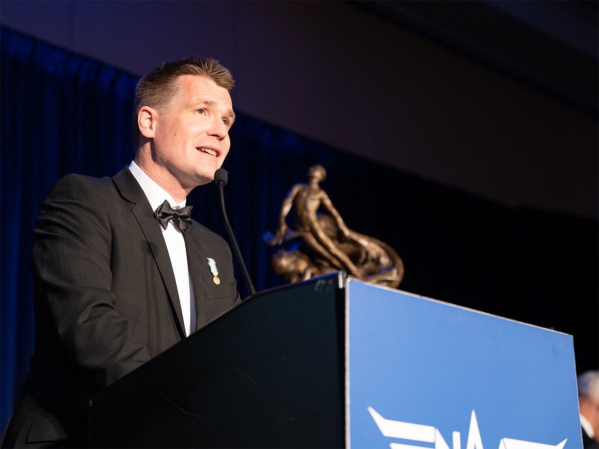 This image shows Ingenuity helicopter chief pilot Håvard Grip speaking at the Robert J. Collier Dinner in Washington on June 9, 2022.