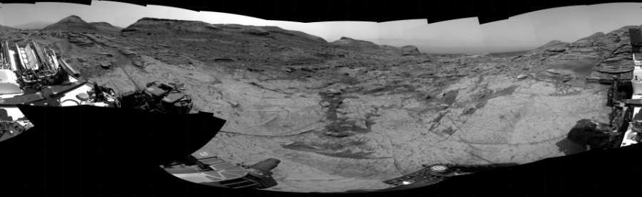 NASA's Mars rover Curiosity took 31 images in Gale Crater using its mast-mounted Right Navigation Camera (Navcam) to create this mosaic. The seam-corrected mosaic provides a 360-degree cylindrical projection panorama of the Martian surface centered at 265 degrees azimuth (measured clockwise from north). Curiosity took the images on June 21, 2022, Sol 3509 of the Mars Science Laboratory mission at drive 3152, site number 95. The local mean solar time for the image exposures was from 1 PM to 2 PM. Each Navcam image has a 45 degree field of view. CREDIT: NASA/JPL-Caltech