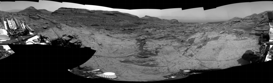 NASA's Mars rover Curiosity took 33 images in Gale Crater using its mast-mounted Right Navigation Camera (Navcam) to create this mosaic. The seam-corrected mosaic provides a 360-degree cylindrical projection panorama of the Martian surface centered at 265 degrees azimuth (measured clockwise from north). Curiosity took the images on June 23, 2022, Sols 3511-3509 of the Mars Science Laboratory mission at drive 3152, site number 95. The local mean solar time for the image exposures was 2 PM. Each Navcam image has a 45 degree field of view.