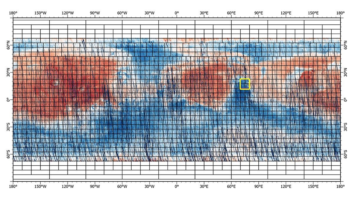 This 72-color near-global map of the Red Planet was captured by NASA’s Mars Reconnaissance Orbiter (MRO) using its Compact Reconnaissance Imaging Spectrometer for Mars, or CRISM.