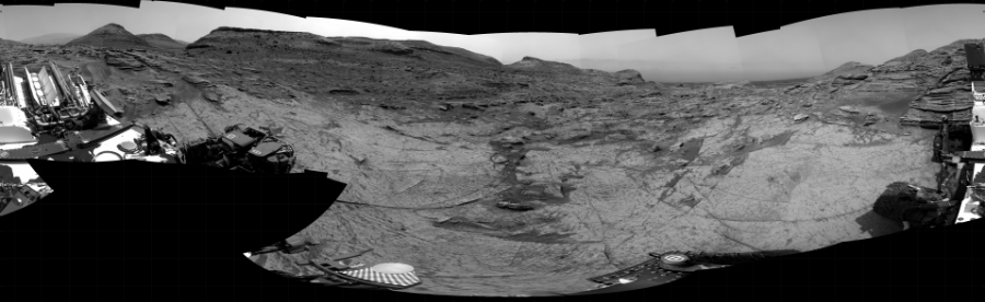 NASA's Mars rover Curiosity took 34 images in Gale Crater using its mast-mounted Right Navigation Camera (Navcam) to create this mosaic. The seam-corrected mosaic provides a 360-degree cylindrical projection panorama of the Martian surface centered at 265 degrees azimuth (measured clockwise from north). Curiosity took the images on June 24, 2022, Sols 3512-3509 of the Mars Science Laboratory mission at drive 3152, site number 95. The local mean solar time for the image exposures was from 2 PM to 4 PM. Each Navcam image has a 45 degree field of view. CREDIT: NASA/JPL-Caltech