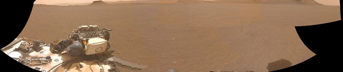 NASA’s Perseverance Mars rover used one of its navigation cameras to take this panorama of a proposed landing site for the Mars Sample Return lander.