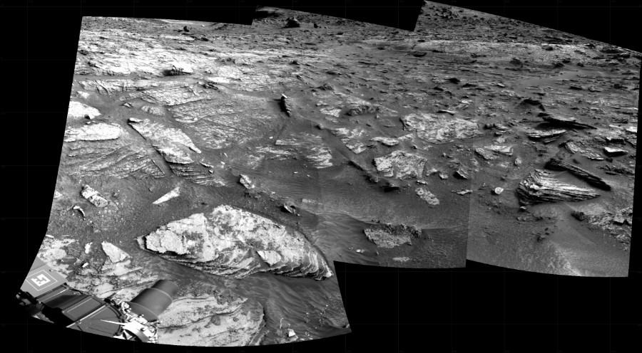 NASA's Mars rover Curiosity took 4 images in Gale Crater using its mast-mounted Right Navigation Camera (Navcam) to create this mosaic. The seam-corrected mosaic provides a 121-degree cylindrical projection panorama of the Martian surface centered at 165 degrees azimuth (measured clockwise from north). Curiosity took the images on July 12, 2022, Sol 3530 of the Mars Science Laboratory mission at drive 0, site number 96. The local mean solar time for the image exposures was 4 PM. Each Navcam image has a 45 degree field of view. CREDIT: NASA/JPL-Caltech