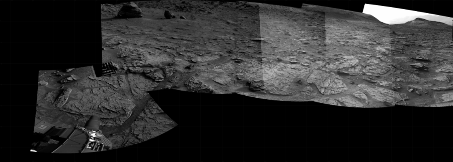 NASA's Mars rover Curiosity took 6 images in Gale Crater using its mast-mounted Right Navigation Camera (Navcam) to create this mosaic. The seam-corrected mosaic provides a 214-degree cylindrical projection panorama of the Martian surface centered at 202 degrees azimuth (measured clockwise from north). Curiosity took the images on July 13, 2022, Sol 3531 of the Mars Science Laboratory mission at drive 324, site number 96. The local mean solar time for the image exposures was 4 PM. Each Navcam image has a 45 degree field of view. CREDIT: NASA/JPL-Caltech