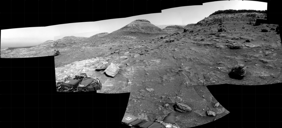 NASA's Mars rover Curiosity took 12 images in Gale Crater using its mast-mounted Right Navigation Camera (Navcam) to create this mosaic. The seam-corrected mosaic provides a 208-degree cylindrical projection panorama of the Martian surface centered at 96 degrees azimuth (measured clockwise from north). Curiosity took the images on July 19, 2022, Sol 3537 of the Mars Science Laboratory mission at drive 726, site number 96. The local mean solar time for the image exposures was 2 PM. Each Navcam image has a 45 degree field of view. CREDIT: NASA/JPL-Caltech