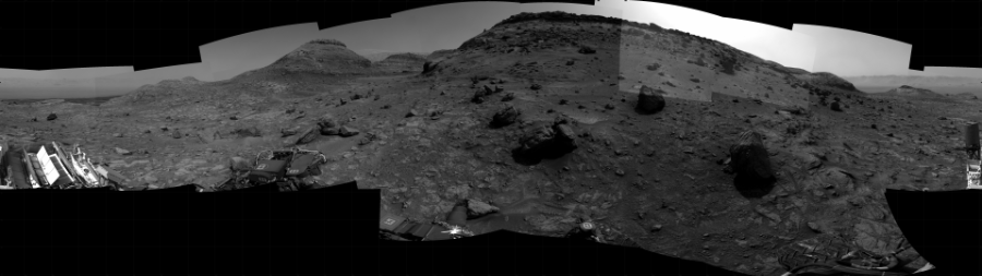 NASA's Mars rover Curiosity took 24 images in Gale Crater using its mast-mounted Right Navigation Camera (Navcam) to create this mosaic. The seam-corrected mosaic provides a 360-degree cylindrical projection panorama of the Martian surface centered at 151 degrees azimuth (measured clockwise from north). Curiosity took the images on July 26, 2022, Sol 3543 of the Mars Science Laboratory mission at drive 1038, site number 96. The local mean solar time for the image exposures was 2 PM. Each Navcam image has a 45 degree field of view. CREDIT: NASA/JPL-Caltech