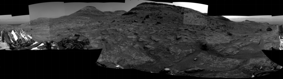 NASA's Mars rover Curiosity took 24 images in Gale Crater using its mast-mounted Right Navigation Camera (Navcam) to create this mosaic. The seam-corrected mosaic provides a 360-degree cylindrical projection panorama of the Martian surface centered at 165 degrees azimuth (measured clockwise from north). Curiosity took the images on July 27, 2022, Sol 3544 of the Mars Science Laboratory mission at drive 1264, site number 96. The local mean solar time for the image exposures was from 2 PM to 3 PM. Each Navcam image has a 45 degree field of view. CREDIT: NASA/JPL-Caltech