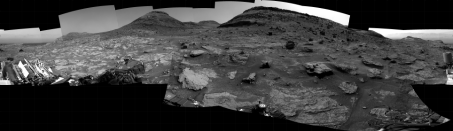 NASA's Mars rover Curiosity took 24 images in Gale Crater using its mast-mounted Right Navigation Camera (Navcam) to create this mosaic. The seam-corrected mosaic provides a 360-degree cylindrical projection panorama of the Martian surface centered at 153 degrees azimuth (measured clockwise from north). Curiosity took the images on July 28, 2022, Sol 3545 of the Mars Science Laboratory mission at drive 1454, site number 96. The local mean solar time for the image exposures was from 2 PM to 3 PM. Each Navcam image has a 45 degree field of view. CREDIT: NASA/JPL-Caltech