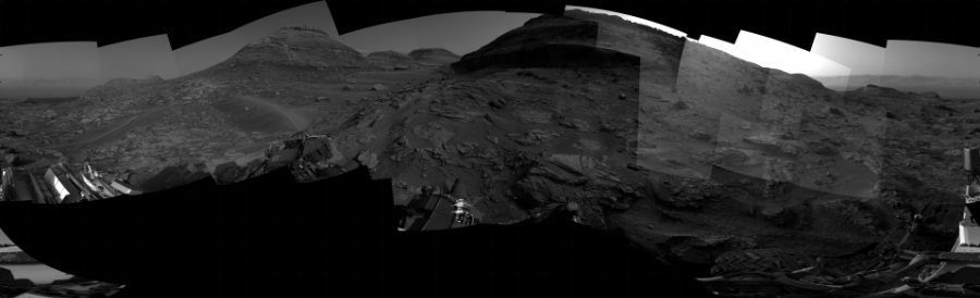 NASA's Mars rover Curiosity took 31 images in Gale Crater using its mast-mounted Right Navigation Camera (Navcam) to create this mosaic. The seam-corrected mosaic provides a 360-degree cylindrical projection panorama of the Martian surface centered at 160 degrees azimuth (measured clockwise from north). Curiosity took the images on July 29, 2022, Sol 3546 of the Mars Science Laboratory mission at drive 1766, site number 96. The local mean solar time for the image exposures was from 4 PM to 5 PM. Each Navcam image has a 45 degree field of view. CREDIT: NASA/JPL-Caltech