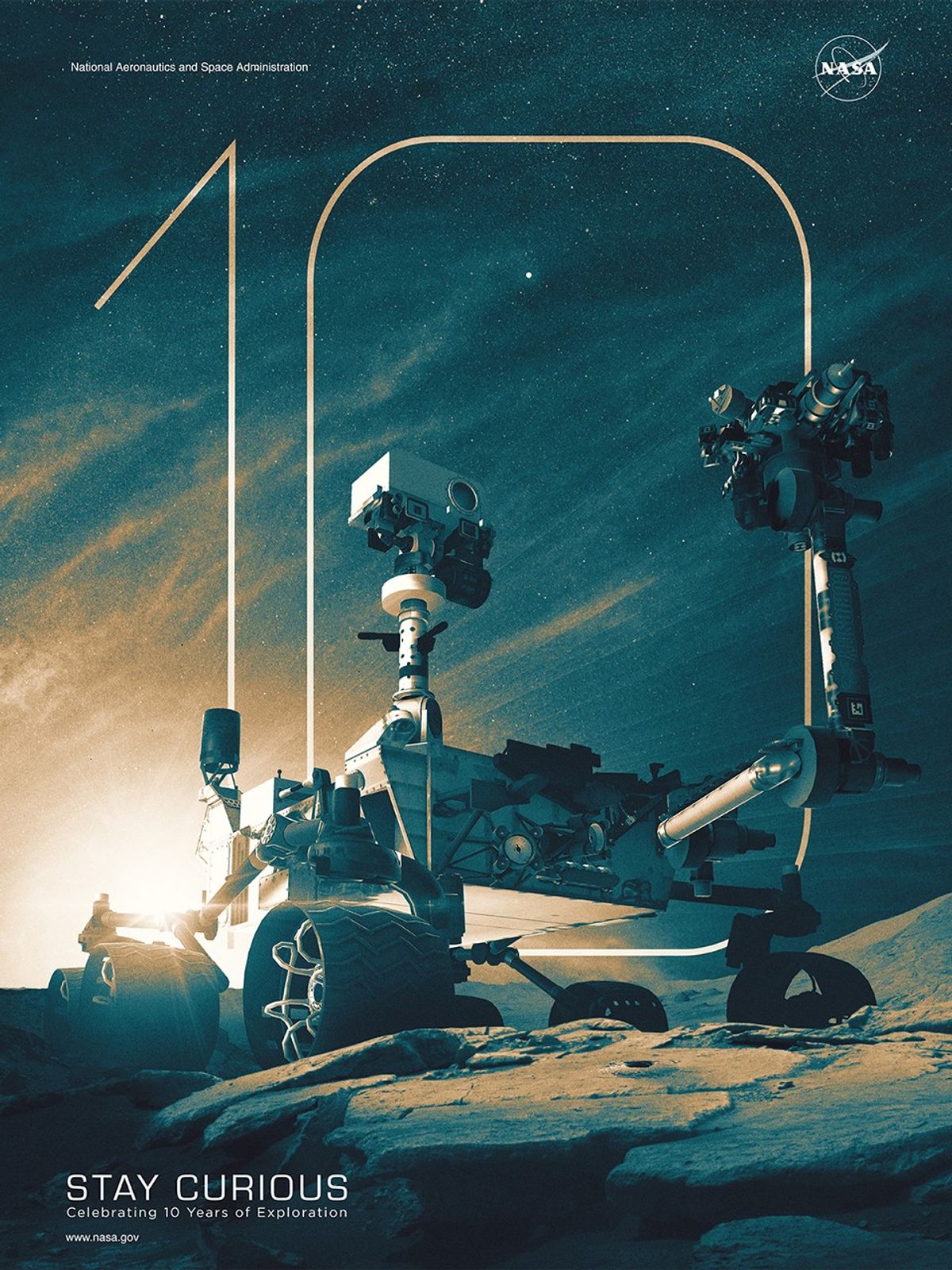This image shows a two-sided poster that lists some of Curiosity's accomplishments to celebrate it's 10 year anniversary.