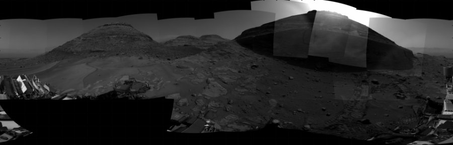 NASA's Mars rover Curiosity took 31 images in Gale Crater using its mast-mounted Right Navigation Camera (Navcam) to create this mosaic. The seam-corrected mosaic provides a 360-degree cylindrical projection panorama of the Martian surface centered at 151 degrees azimuth (measured clockwise from north). Curiosity took the images on August 10, 2022, Sol 3558 of the Mars Science Laboratory mission at drive 2600, site number 96. The local mean solar time for the image exposures was 3 PM. Each Navcam image has a 45 degree field of view. CREDIT: NASA/JPL-Caltech