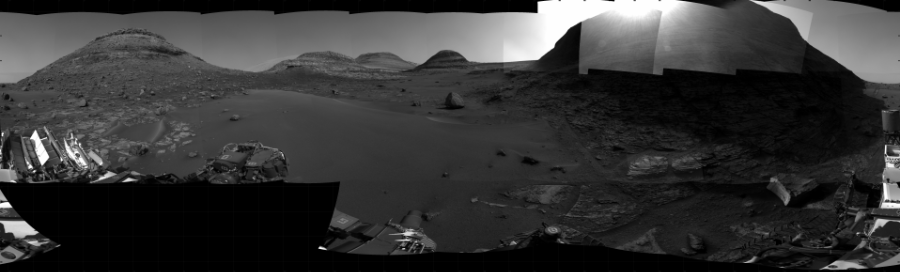 NASA's Mars rover Curiosity took 32 images in Gale Crater using its mast-mounted Right Navigation Camera (Navcam) to create this mosaic. The seam-corrected mosaic provides a 360-degree cylindrical projection panorama of the Martian surface centered at 167 degrees azimuth (measured clockwise from north). Curiosity took the images on August 16, 2022, Sol 3564 of the Mars Science Laboratory mission at drive 3096, site number 96. The local mean solar time for the image exposures was from 3 PM to 4 PM. Each Navcam image has a 45 degree field of view. CREDIT: NASA/JPL-Caltech