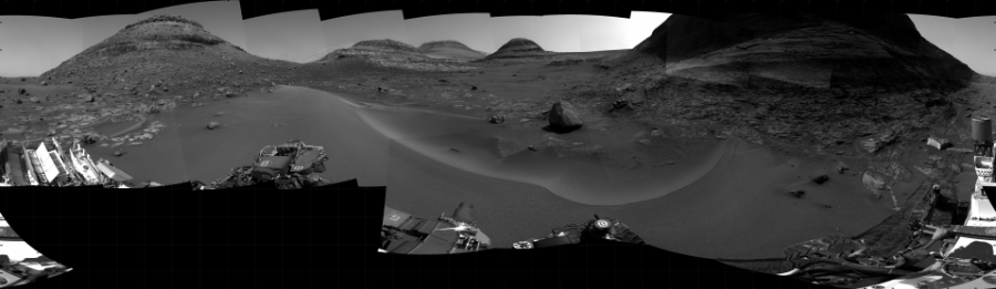 NASA's Mars rover Curiosity took 31 images in Gale Crater using its mast-mounted Right Navigation Camera (Navcam) to create this mosaic. The seam-corrected mosaic provides a 360-degree cylindrical projection panorama of the Martian surface centered at 158 degrees azimuth (measured clockwise from north). Curiosity took the images on August 17, 2022, Sol 3565 of the Mars Science Laboratory mission at drive 3150, site number 96. The local mean solar time for the image exposures was from 2 PM to 3 PM. Each Navcam image has a 45 degree field of view. CREDIT: NASA/JPL-Caltech