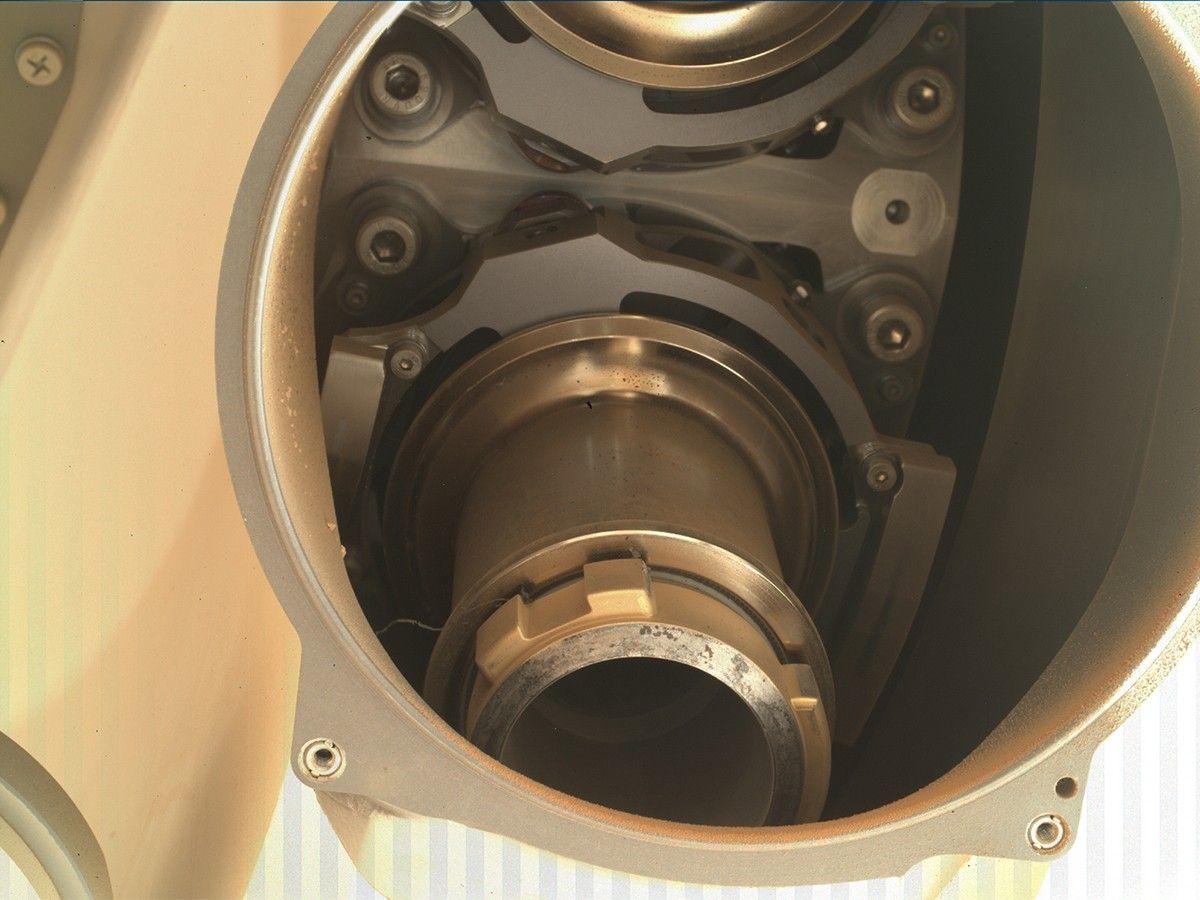 This image shows the back of Coring Bit 2 in the bit carousel NASA’s Perseverance Mars rover.