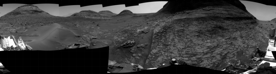 NASA's Mars rover Curiosity took 31 images in Gale Crater using its mast-mounted Right Navigation Camera (Navcam) to create this mosaic. The seam-corrected mosaic provides a 360-degree cylindrical projection panorama of the Martian surface centered at 180 degrees azimuth (measured clockwise from north). Curiosity took the images on August 19, 2022, Sol 3567 of the Mars Science Laboratory mission at drive 0, site number 97. The local mean solar time for the image exposures was from 1 PM to 2 PM. Each Navcam image has a 45 degree field of view. CREDIT: NASA/JPL-Caltech