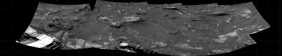 NASA's Mars rover Curiosity took 5 images in Gale Crater using its mast-mounted Right Navigation Camera (Navcam) to create this mosaic. The seam-corrected mosaic provides a 254-degree cylindrical projection panorama of the Martian surface centered at 276 degrees azimuth (measured clockwise from north). Curiosity took the images on August 24, 2022, Sol 3572 of the Mars Science Laboratory mission at drive 546, site number 97. The local mean solar time for the image exposures was 1 PM. Each Navcam image has a 45 degree field of view. CREDIT: NASA/JPL-Caltech