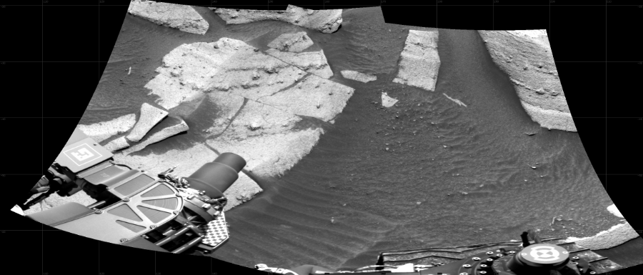NASA's Mars rover Curiosity took 2 images in Gale Crater using its mast-mounted Right Navigation Camera (Navcam) to create this mosaic. The seam-corrected mosaic provides a 114-degree cylindrical projection panorama of the Martian surface centered at 160 degrees azimuth (measured clockwise from north). Curiosity took the images on August 28, 2022, Sol 3576 of the Mars Science Laboratory mission at drive 966, site number 97. The local mean solar time for the image exposures was 1 PM. Each Navcam image has a 45 degree field of view. CREDIT: NASA/JPL-Caltech